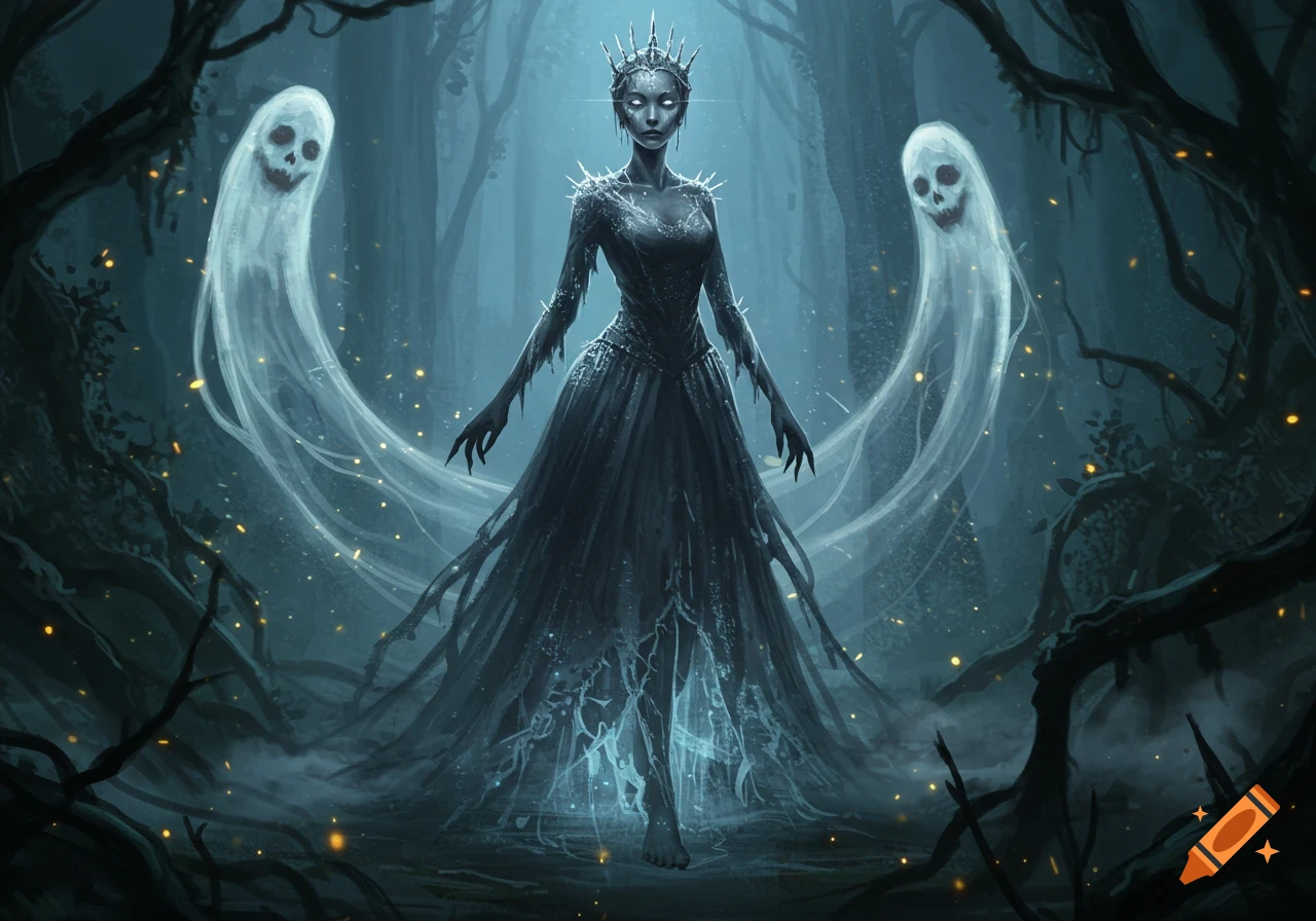 A gaunt, ghost-like cursed princess stands in a dark, misty forest with two skull-faced spirits and glowing lights, in a dark fantasy digital painting.