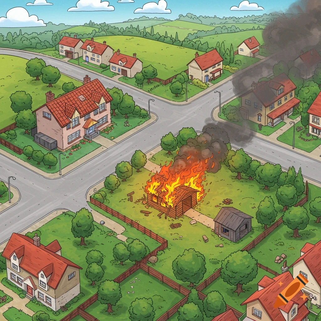 Cartoon aerial view of a suburban neighborhood with a shed on fire in a garden, emitting smoke.
