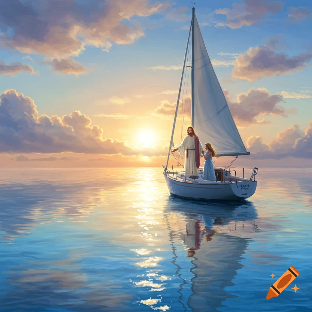 Jesus and a woman on a sailboat glide across calm water at sunset under a partly cloudy sky, painted in a serene, illustrative style.