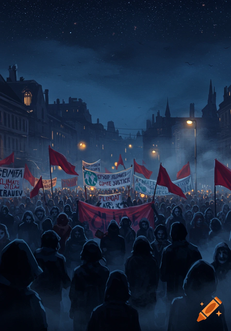 A stylized, atmospheric illustration of a large crowd protesting at night in a city street, holding red flags and banners under a starry sky.