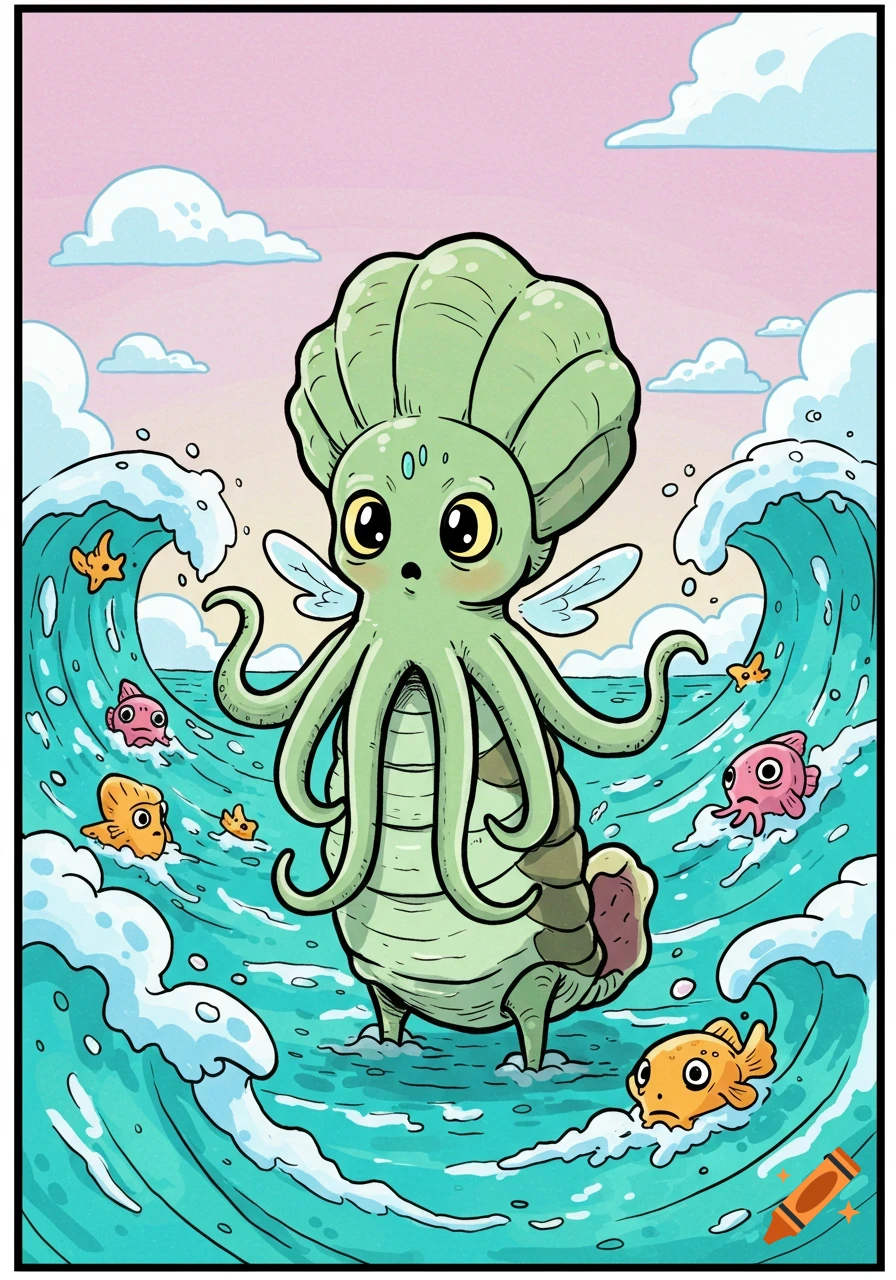 Cute green Cthulhu-like creature with tentacles and wings in wavy ocean with cartoon fish, under a pink sky, Skottie Young style.