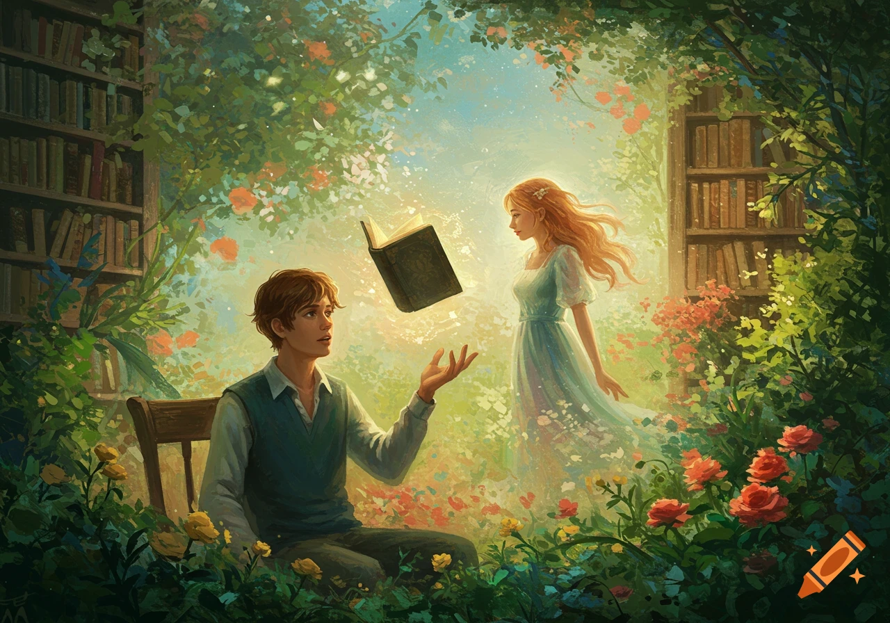 A young man sitting in a lush, magical garden looks up at a glowing, floating book while an ethereal woman emerges from a misty background near bookshelves in this painterly fantasy illustration.