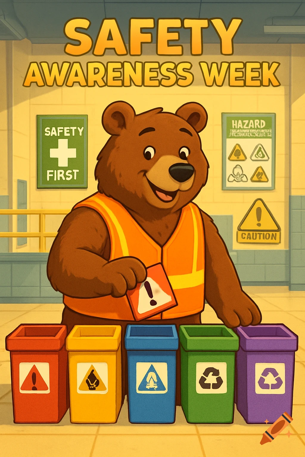 A colorful cartoon poster for Safety Awareness Week features a friendly grizzly bear mascot in an orange safety vest, sorting hazard cards into five distinctively colored bins. Safety signs are visible in the background.