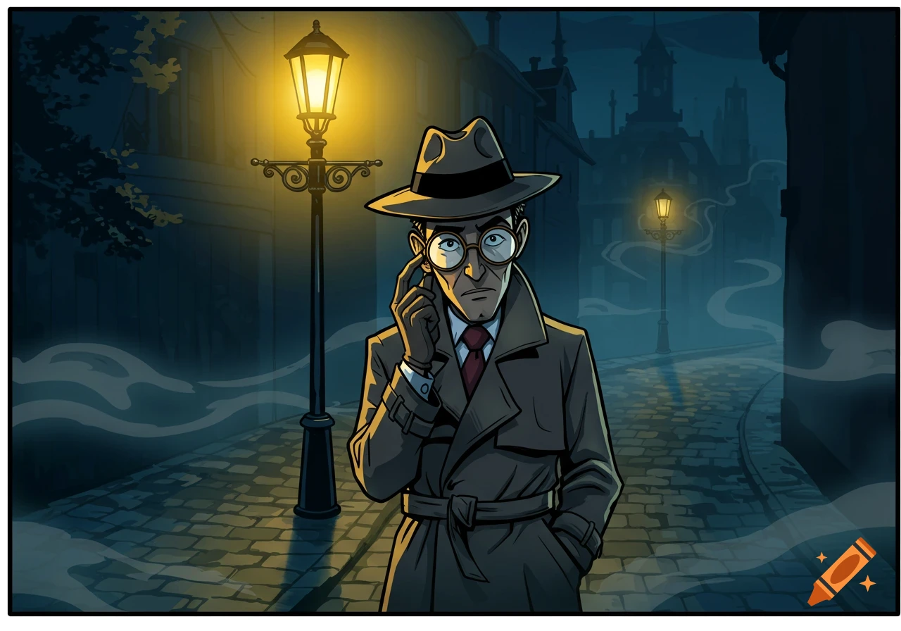 A comic-style detective in a trench coat, fedora, and glasses stands under a glowing streetlamp on a foggy cobblestone street at night.