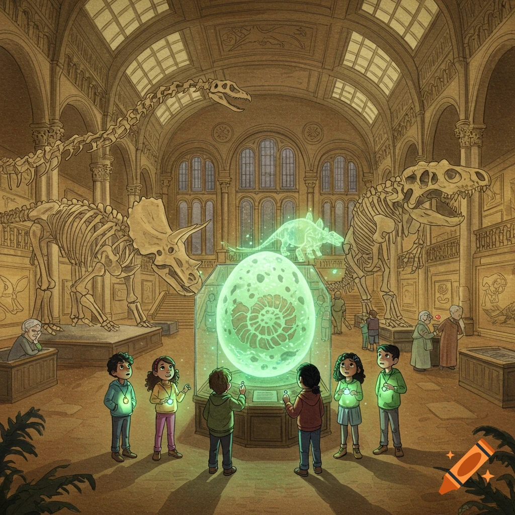 Children gaze at a glowing dinosaur egg and ghost stegosaurus in a natural history museum with large dinosaur skeletons, illustration style.
