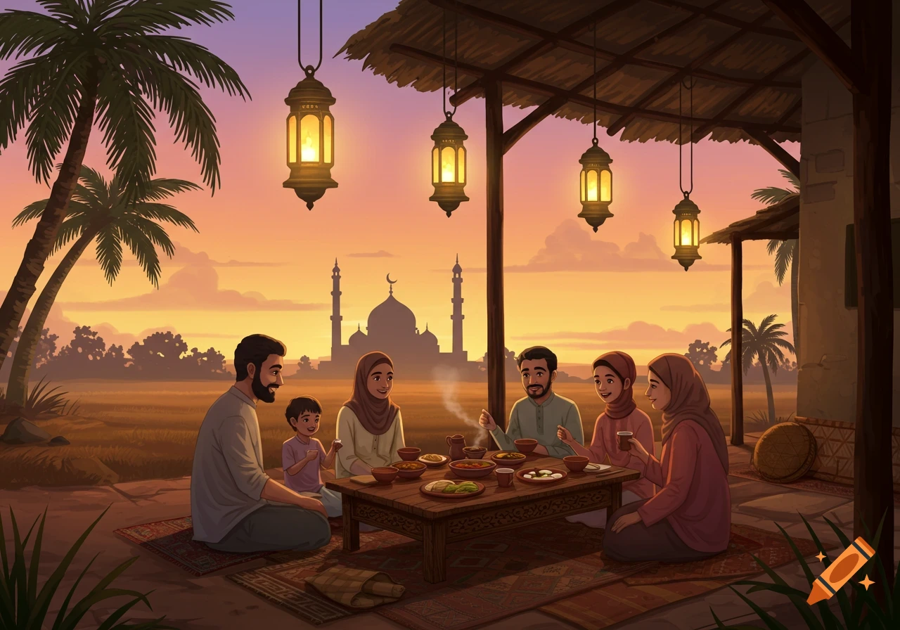 Illustrative scene of a Muslim family sharing a meal outdoors at sunset, with lanterns, palm trees, and a mosque in the background.