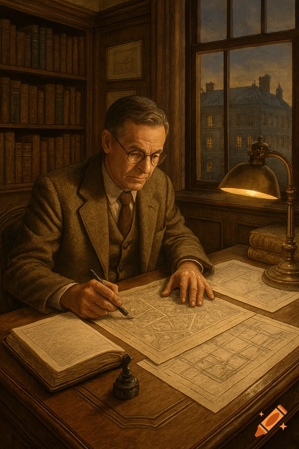 An older man with glasses in a brown suit draws on a map at a wooden desk in a wood-paneled study with a window view, in a detailed painting style.