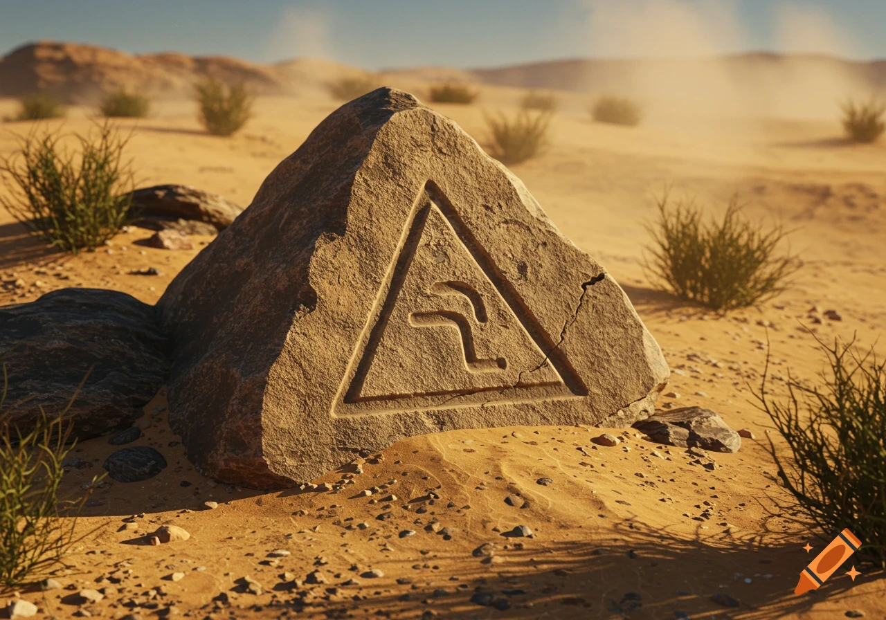 A large triangular rock with a carved symbol in a vast, sandy desert landscape.