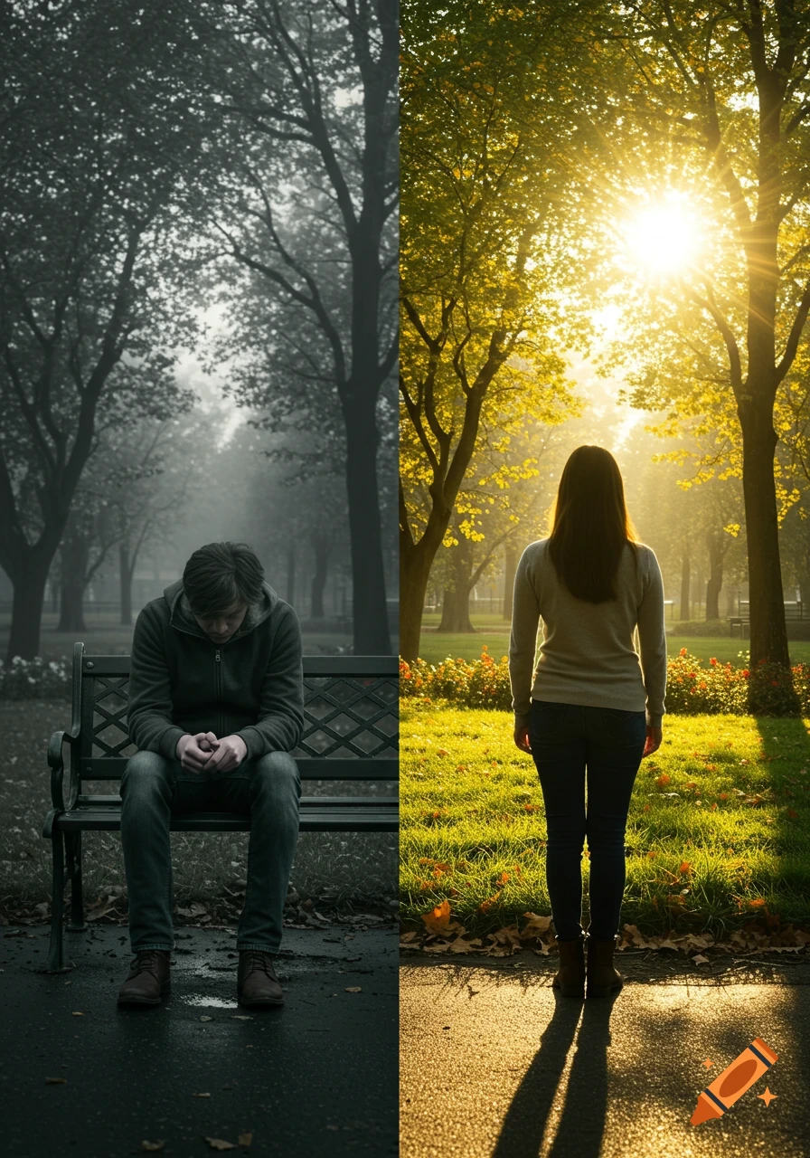 A vertical split image contrasting a person sitting sadly in a grayscale, foggy park with a person standing happily in a sunny, golden park.