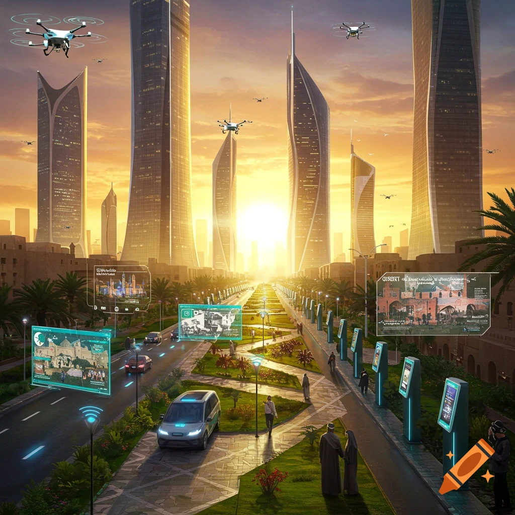 A futuristic smart city at sunset with tall skyscrapers, drones, self-driving cars, and holographic displays showcasing information.