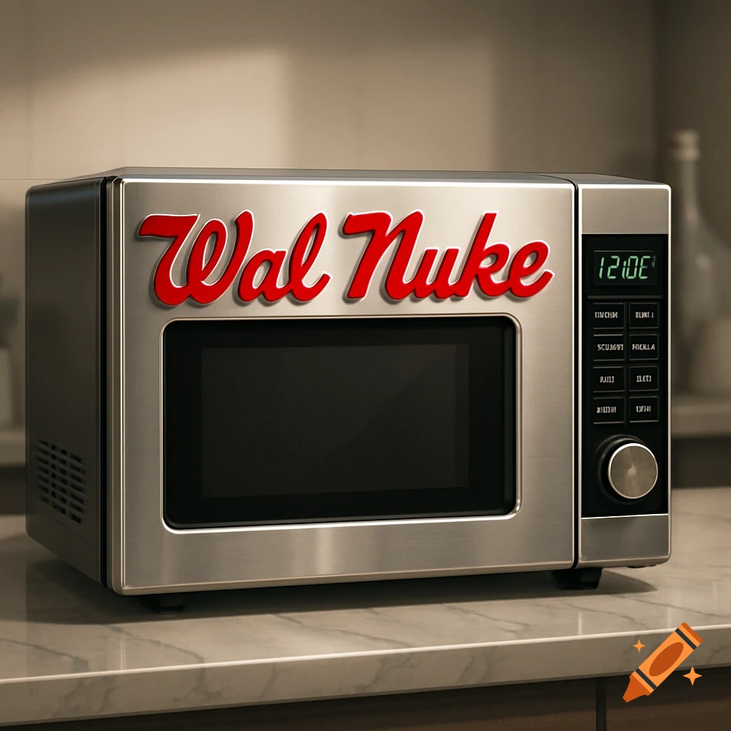 A close-up of a stainless steel microwave oven with a red "Wal Nuke" logo on the front, set on a kitchen counter.