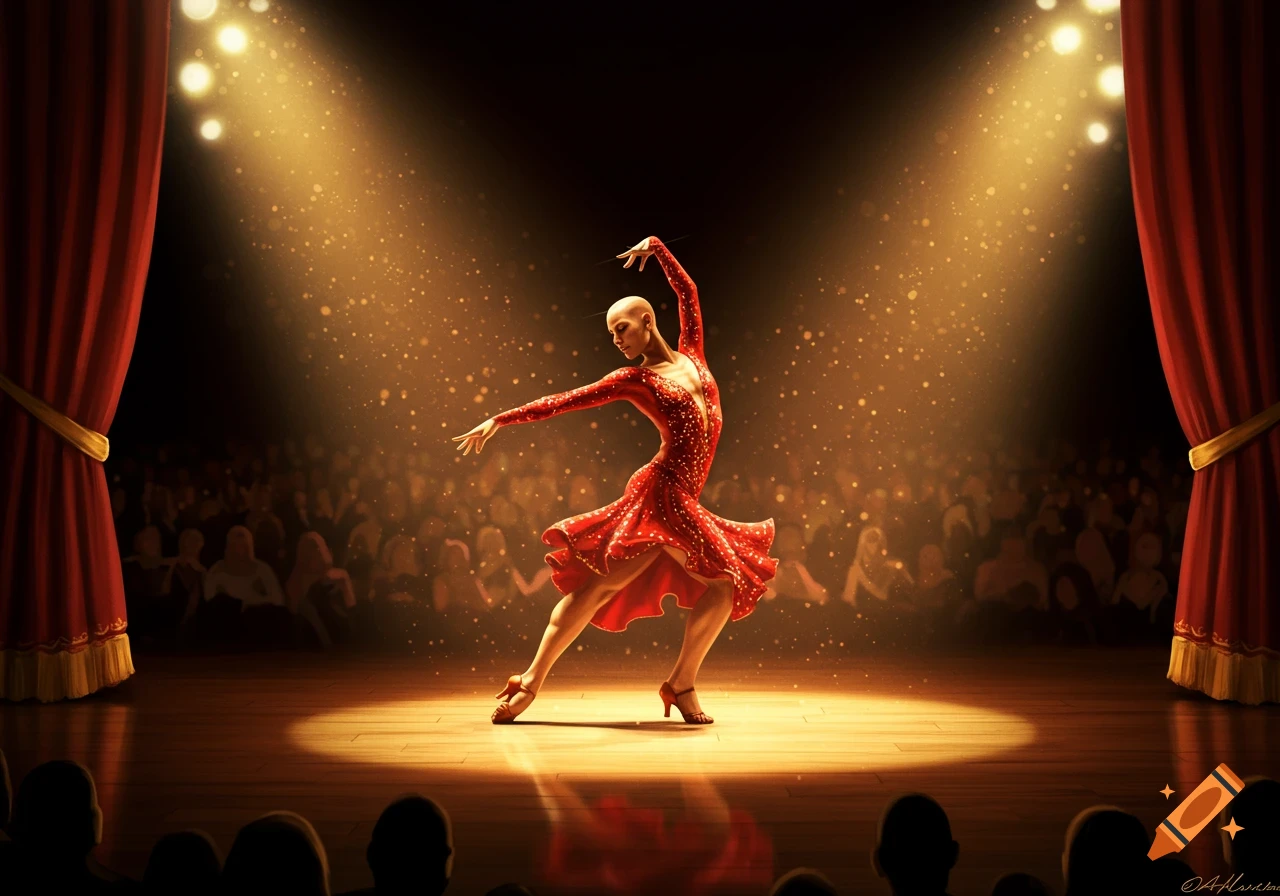 A bald female dancer in a red sparkly dress performs salsa on a spotlighted stage with an audience and red curtains.