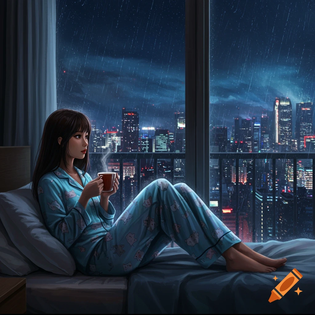 A young woman in light blue cat pajamas sits on a bed, holding a cup and looking out a large window at a rainy city night, digital art.