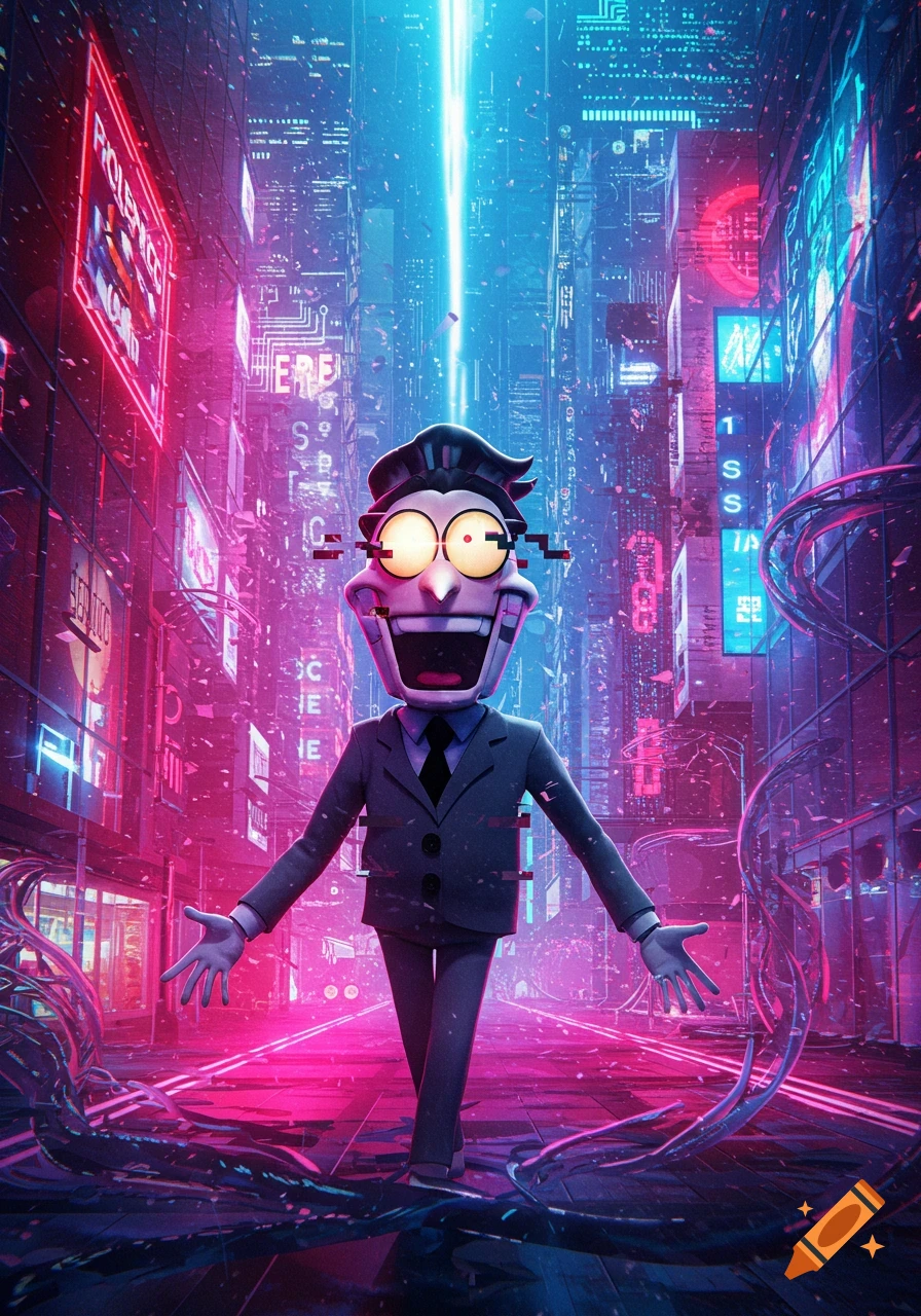 Spamton G. Spamton, a stylized character with a wide grin and glowing eyes, stands in a vibrant, neon-lit cyberpunk city at night.
