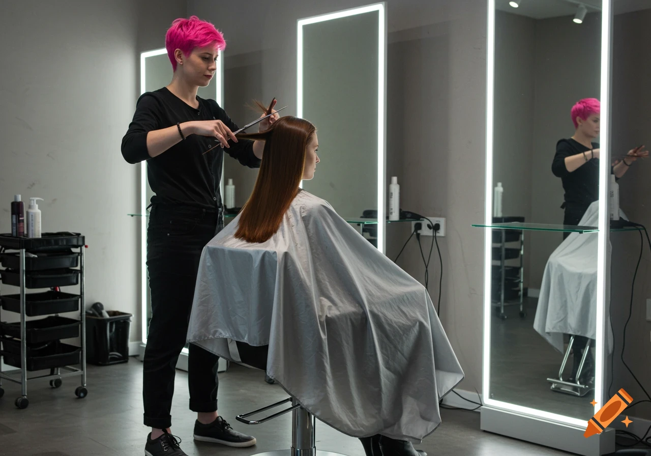 A stylist with pink hair cuts the long brown hair of a client wearing a smock in a modern salon.