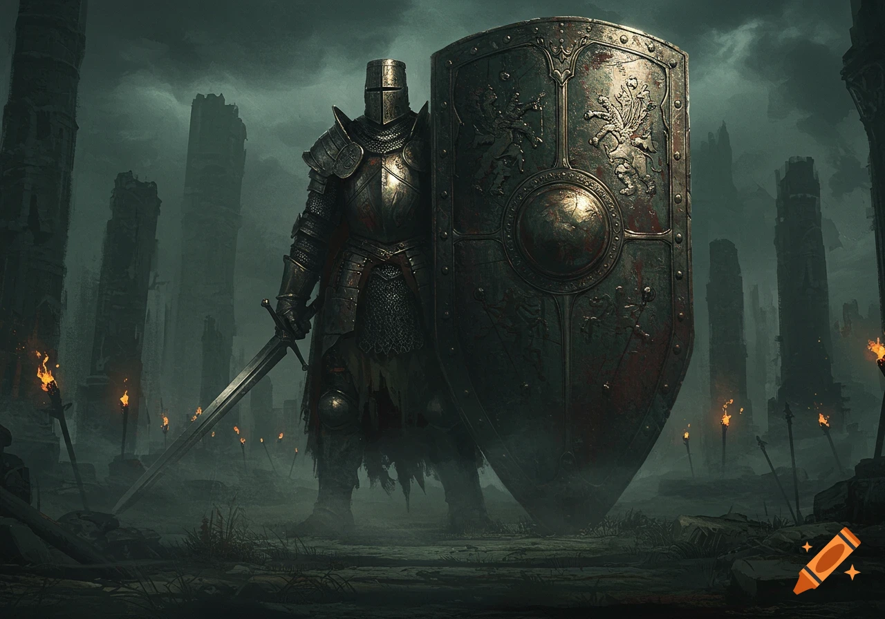 A knight in full armor holds a large ornate shield and sword in a misty ...
