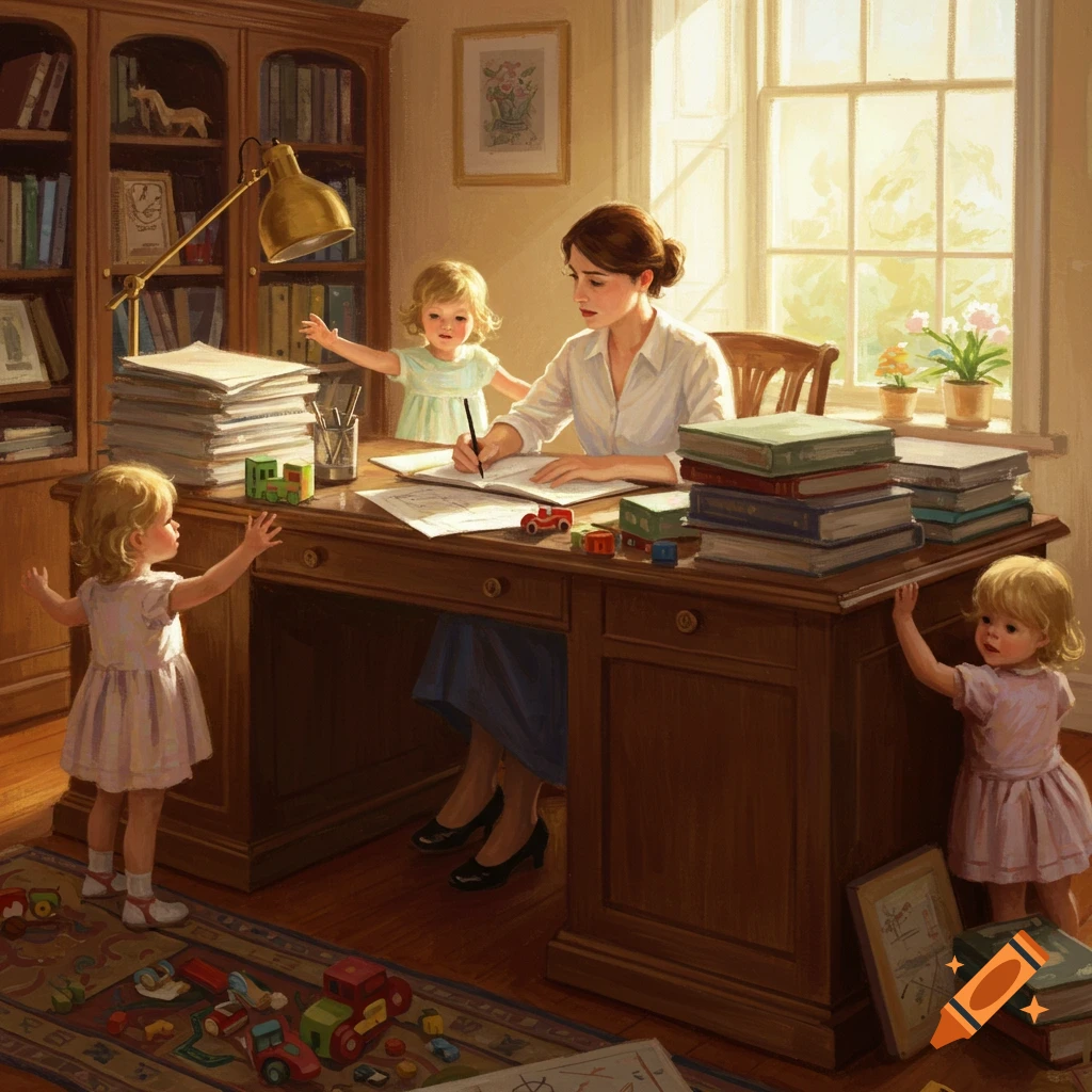 Impressionistic painting of a woman writing at a wooden desk while three toddlers play with toys around her in a sunlit study.