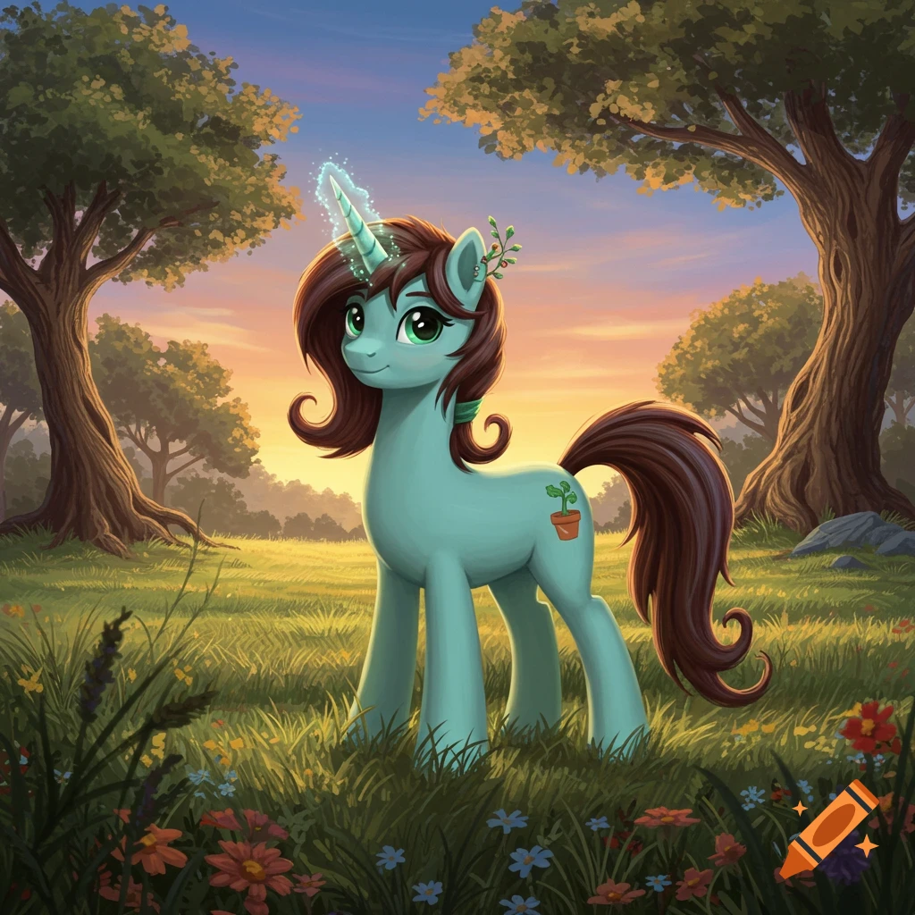 A cartoon light blue-green unicorn with a dark brown mane, glowing horn, and potted plant cutie mark stands in a field at sunset.