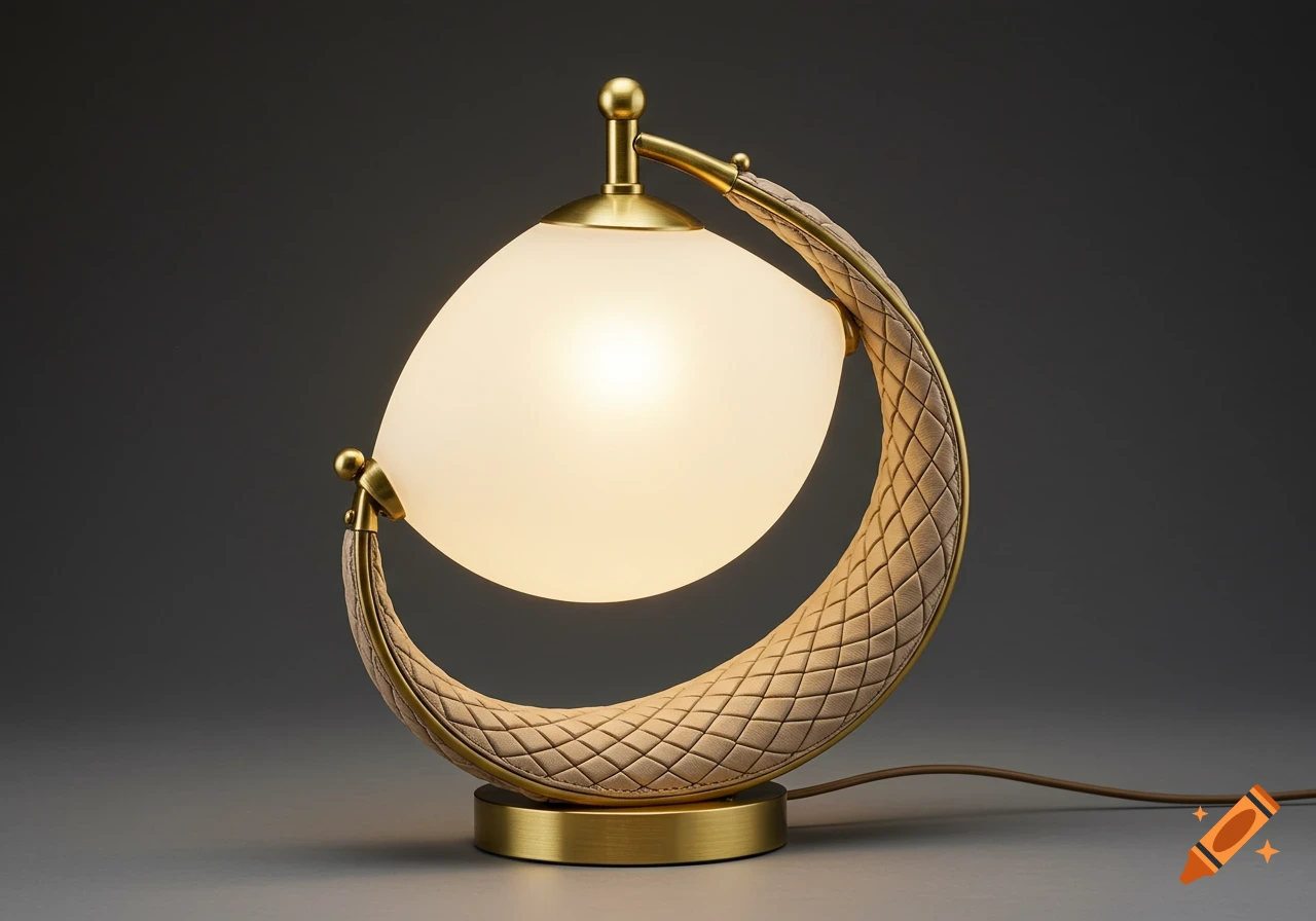 A photorealistic luxury sculptural table lamp with a frosted glass shade, brushed brass base, and beige quilted leather accents, emitting a warm glow.