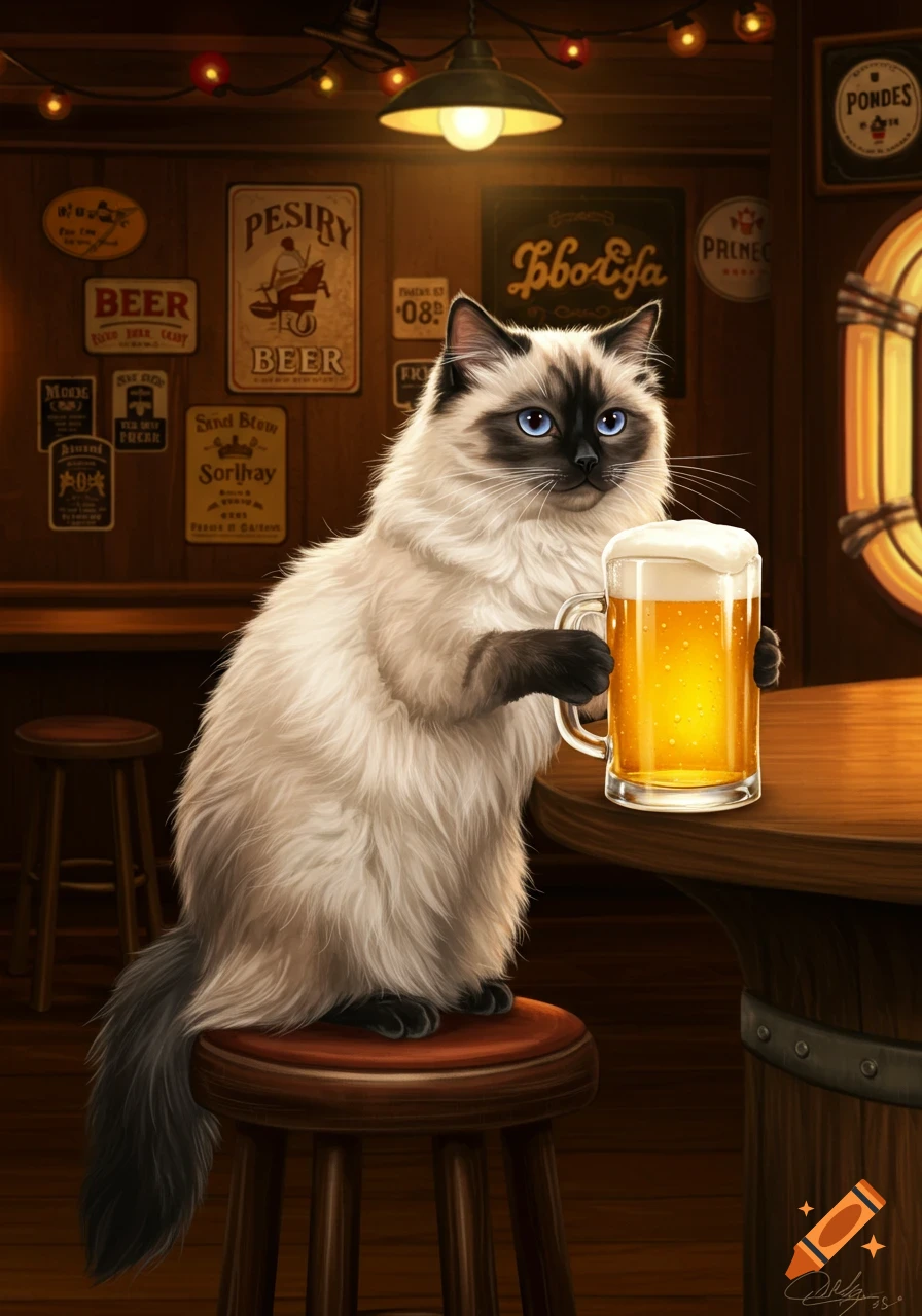 A fluffy ragdoll cat with blue eyes sits on a bar stool, holding a frothy mug of beer in a dimly lit pub.