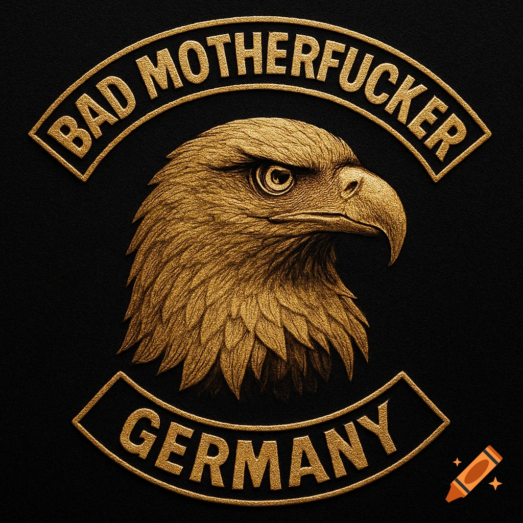 A golden patch with an eagle head in the center. Above the eagle, an arched banner reads "BAD MOTHERFUCKER", and below, another banner reads "GERMANY".