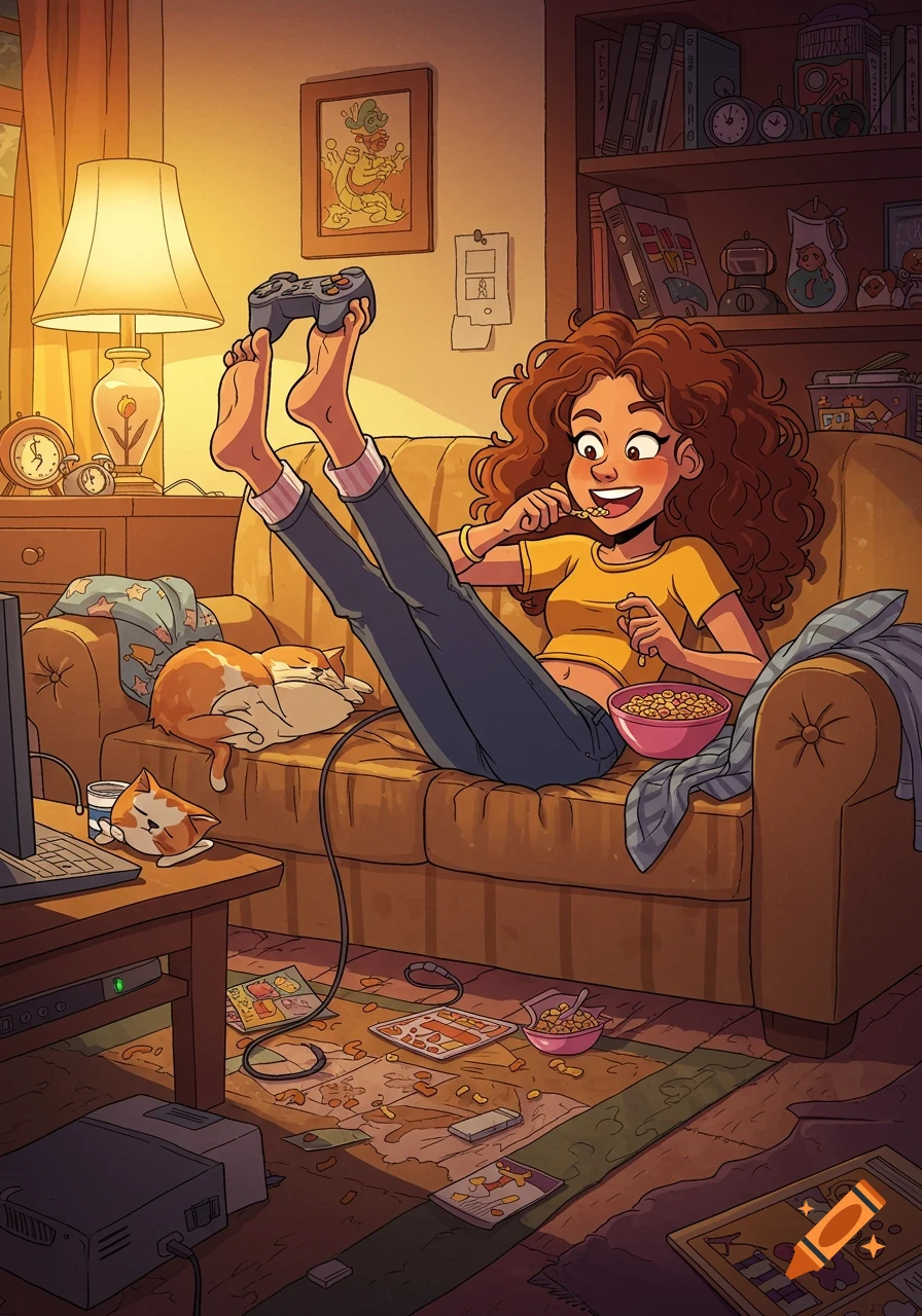 A cartoon woman with curly brown hair plays video games with her feet while eating cereal on a messy sofa, with a sleeping cat.