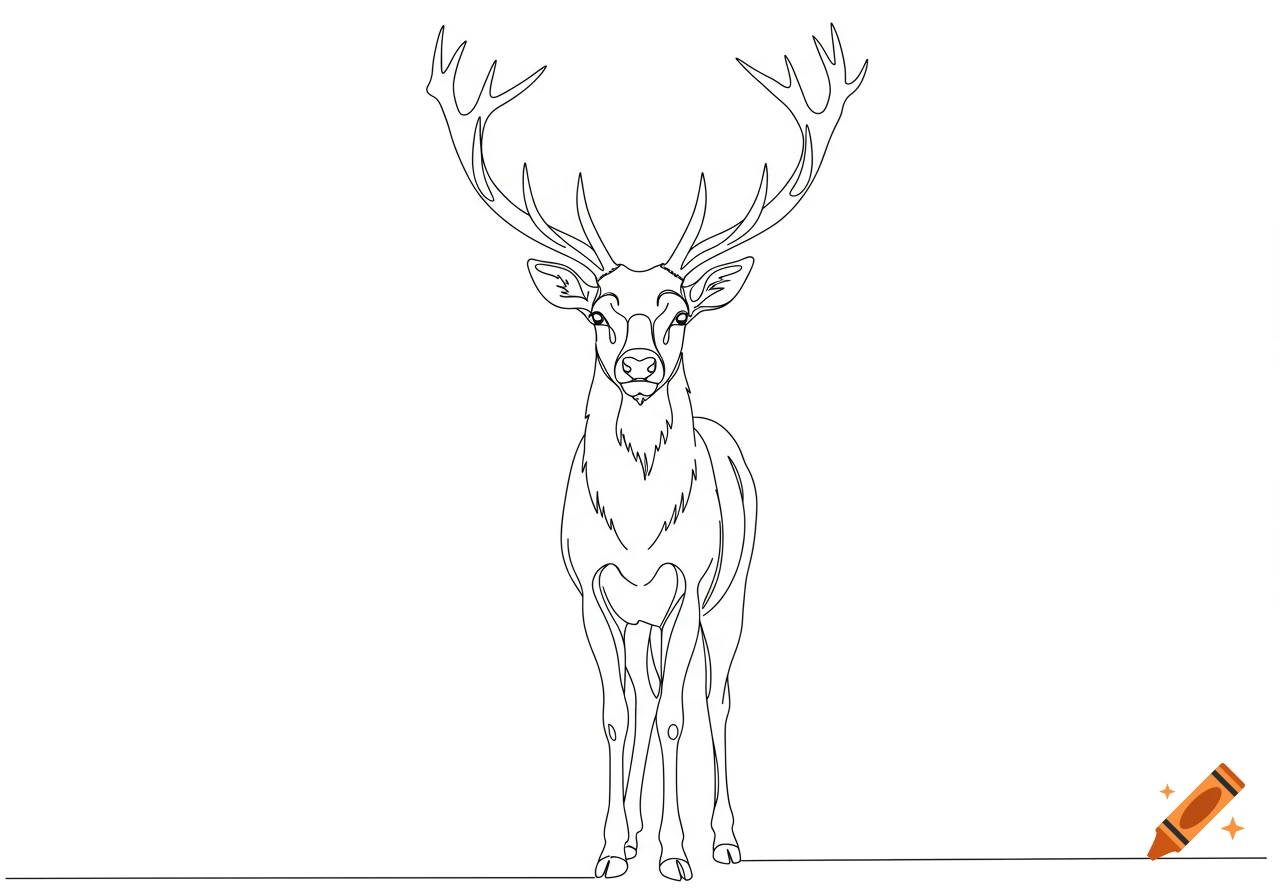 A black and white line drawing of a deer facing forward, with large antlers.