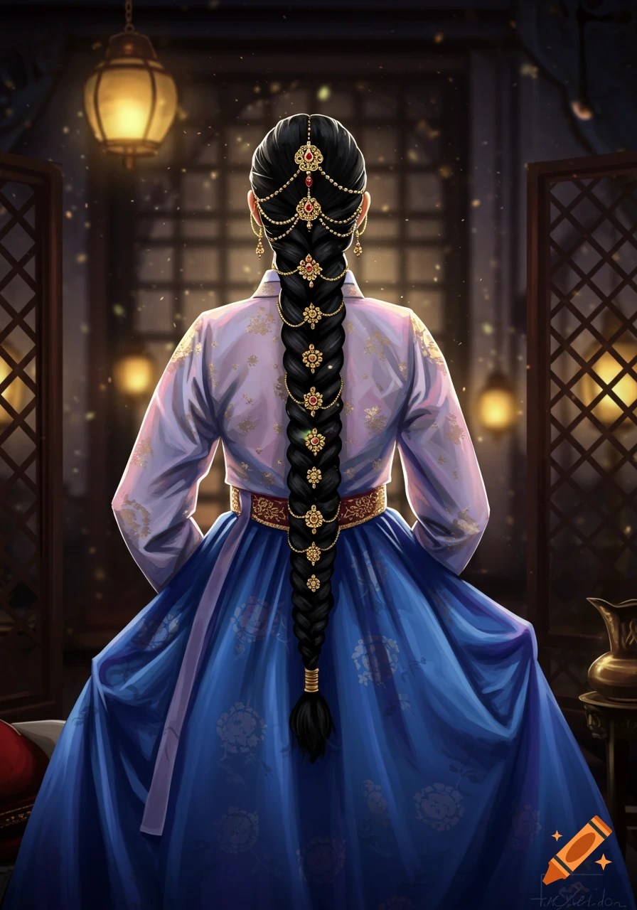 Back of a woman in a blue hanbok, with a long black braid adorned with ornate gold and red Indian jewelry, in a dimly lit room.