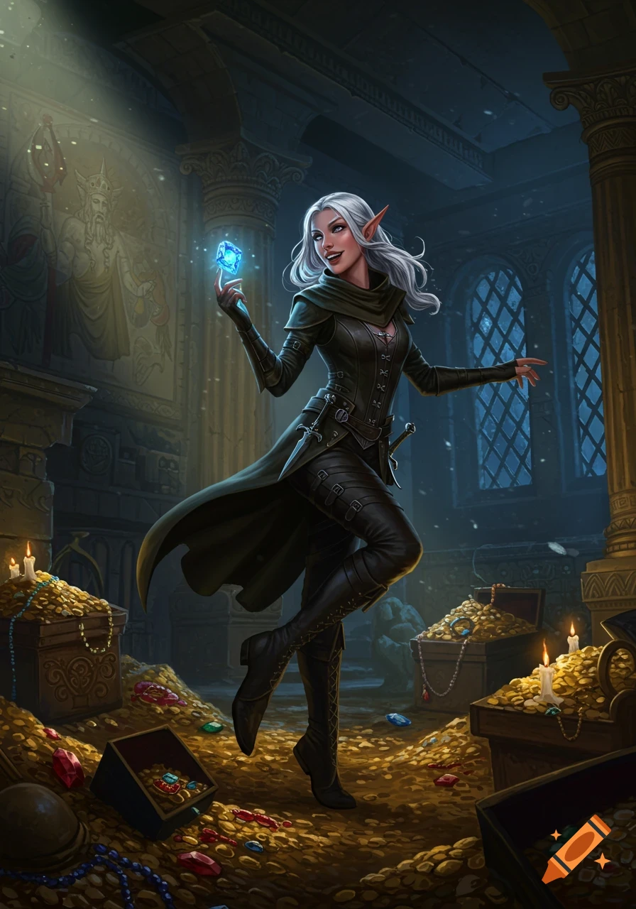 A white-haired rogue elf in dark leather armor stands amidst piles of gold and gems, holding a glowing blue jewel in a fantasy art style.