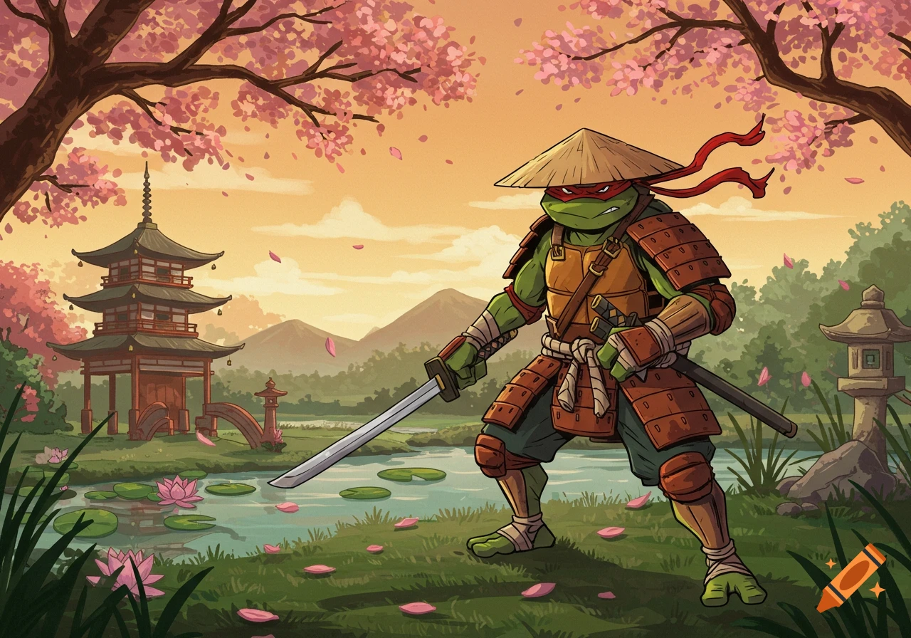 Cartoon Raph from TMNT in samurai armor with katana and rice hat in a Japanese landscape with cherry blossoms and a pagoda.