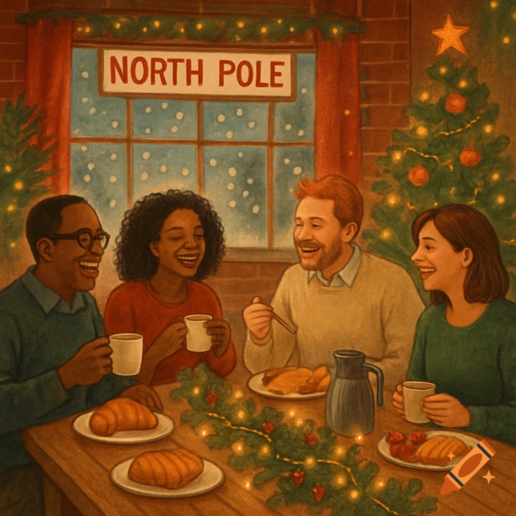 Four diverse friends laugh while enjoying a cozy Christmas breakfast at a table, with a sign reading "North Pole" outside a snowy window.