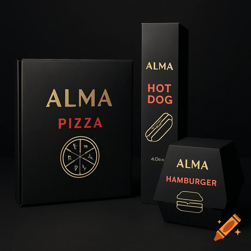 Premium black food packaging for Alma pizza, hot dog, and hamburger with gold and red text, on a dark background.