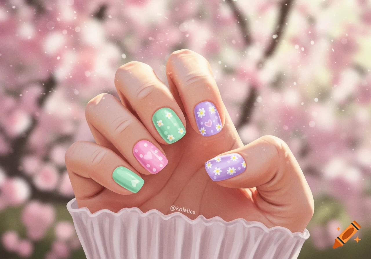 A hand with pastel pink, purple, and mint green nails, decorated with hearts and daisies, against a blurred cherry blossom background.