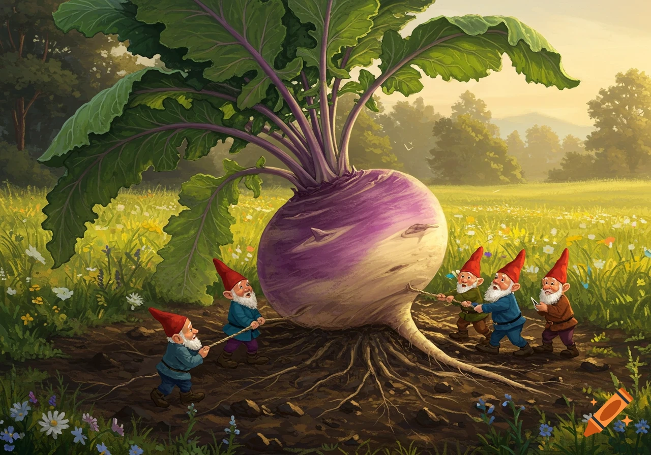 Five gnomes in red hats pull a colossal purple turnip from the earth in a vibrant, sunlit meadow.