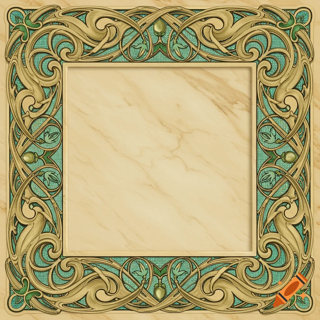 Ornate Art Nouveau frame with gold, turquoise, and green organic patterns surrounding a beige marble-like center.