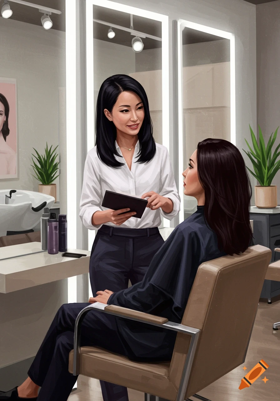 A hairdresser consults with a client in a modern salon, holding a tablet. Digital painting.