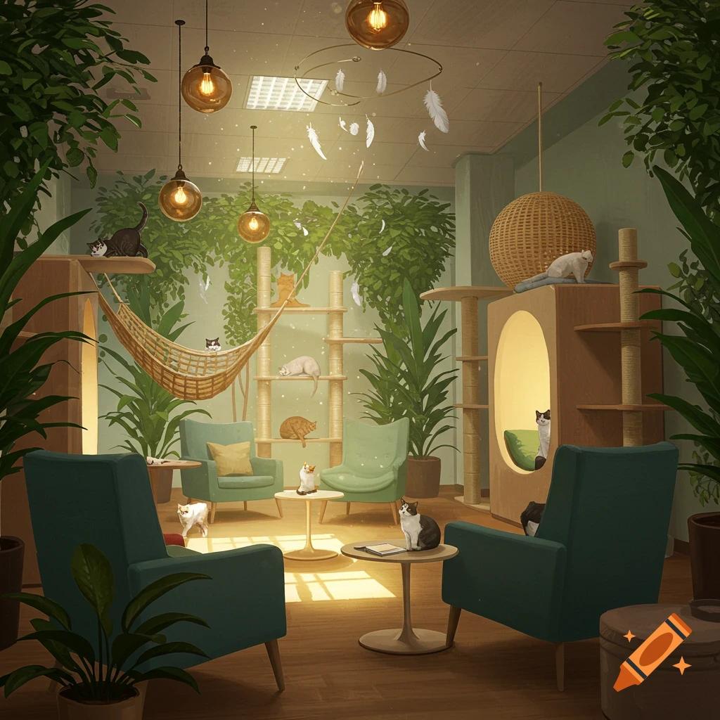 A cozy, plant-filled relaxation room with several cats lounging on furniture, cat trees, and hammocks, bathed in warm light.