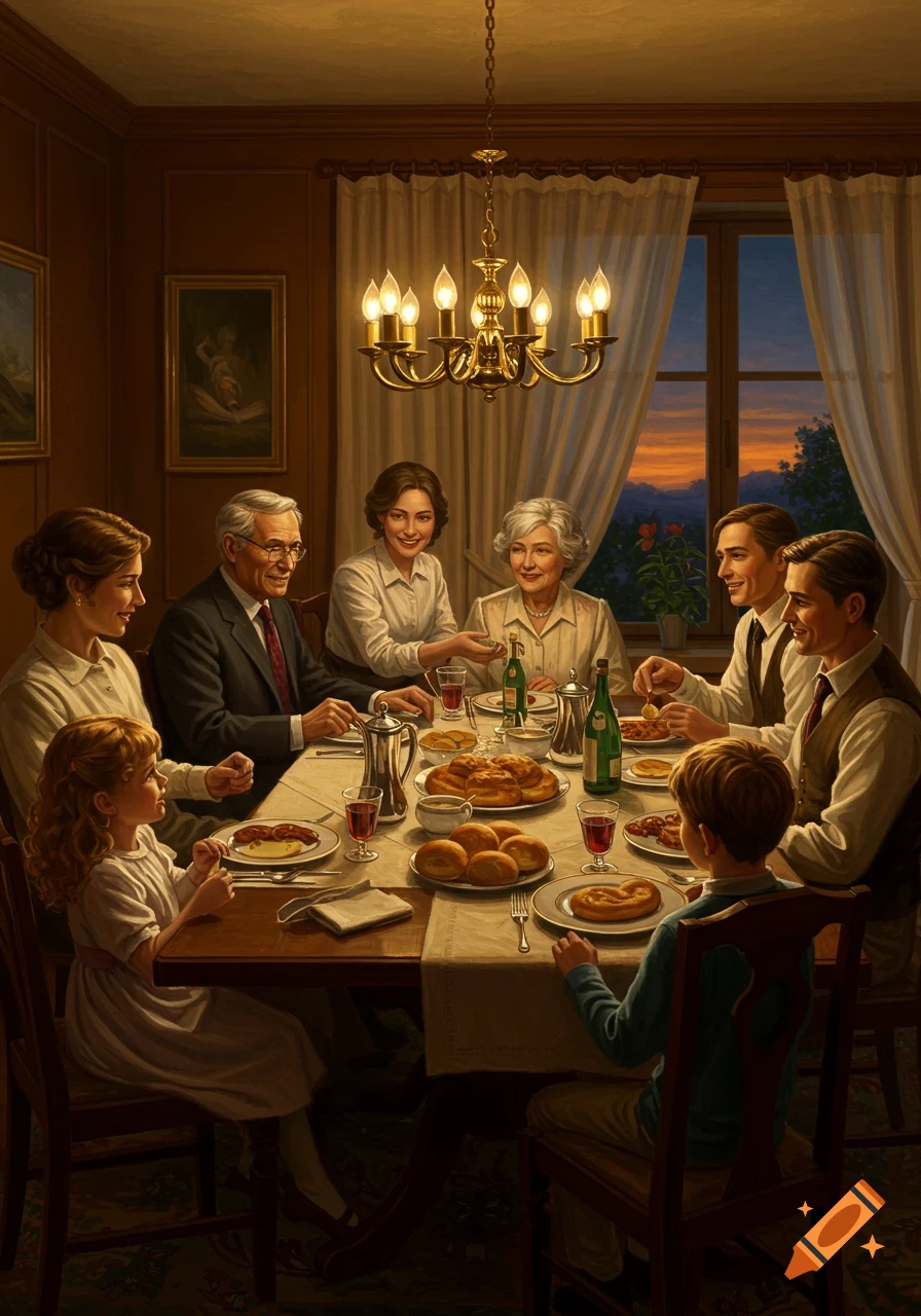 A multi-generational family dines at a table lit by a chandelier and sunset, depicted in a classic painting style.
