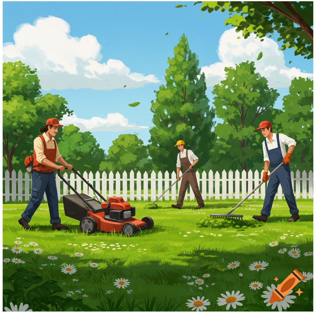 Three people mowing and raking a lawn with a white fence and trees under a blue sky, in an illustration style.