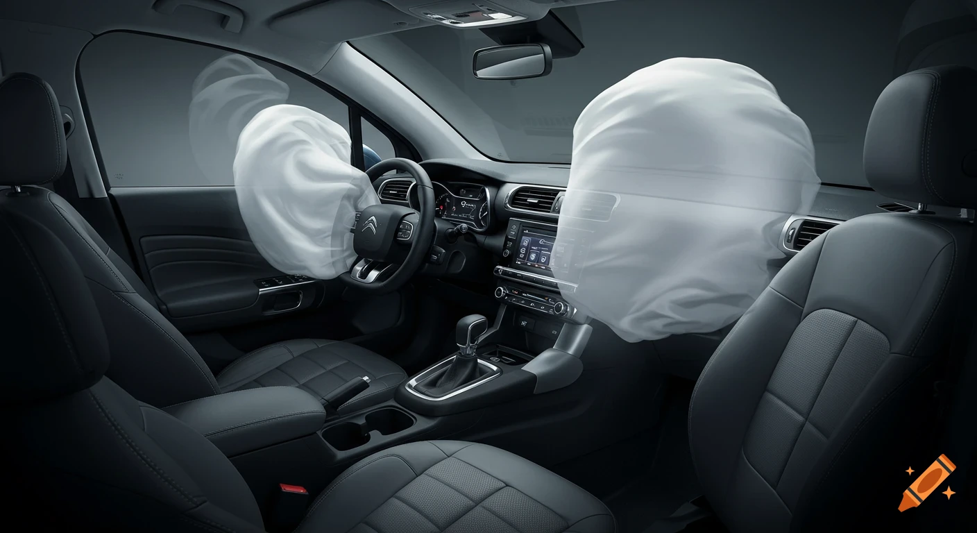 A photorealistic image showing the interior of a car with two white airbags deployed from the steering wheel and dashboard.