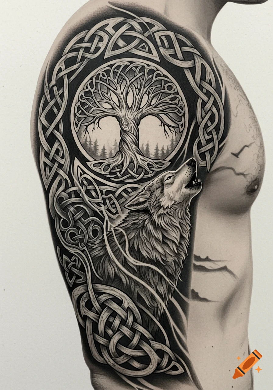 Detailed black and white tattoo on an arm, featuring a howling wolf, a Celtic tree of life, and intricate Celtic knotwork.