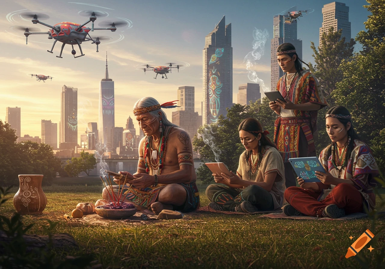 Indigenous people perform a traditional ceremony while using tablets, with a modern cityscape and drones in the background, photorealistic.