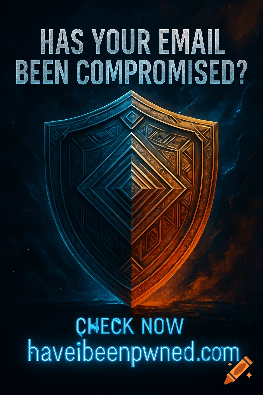 A stylized shield split into blue and orange, with the text 'HAS YOUR EMAIL BEEN COMPROMISED? CHECK NOW haveibeenpwned.com' above and below it.