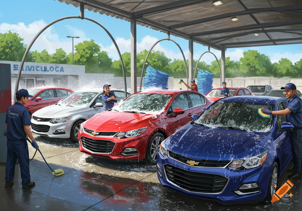An illustration of several people washing cars at an outdoor car wash station, with soap and water splashing on blue, red, and white Chevrolet sedans.
