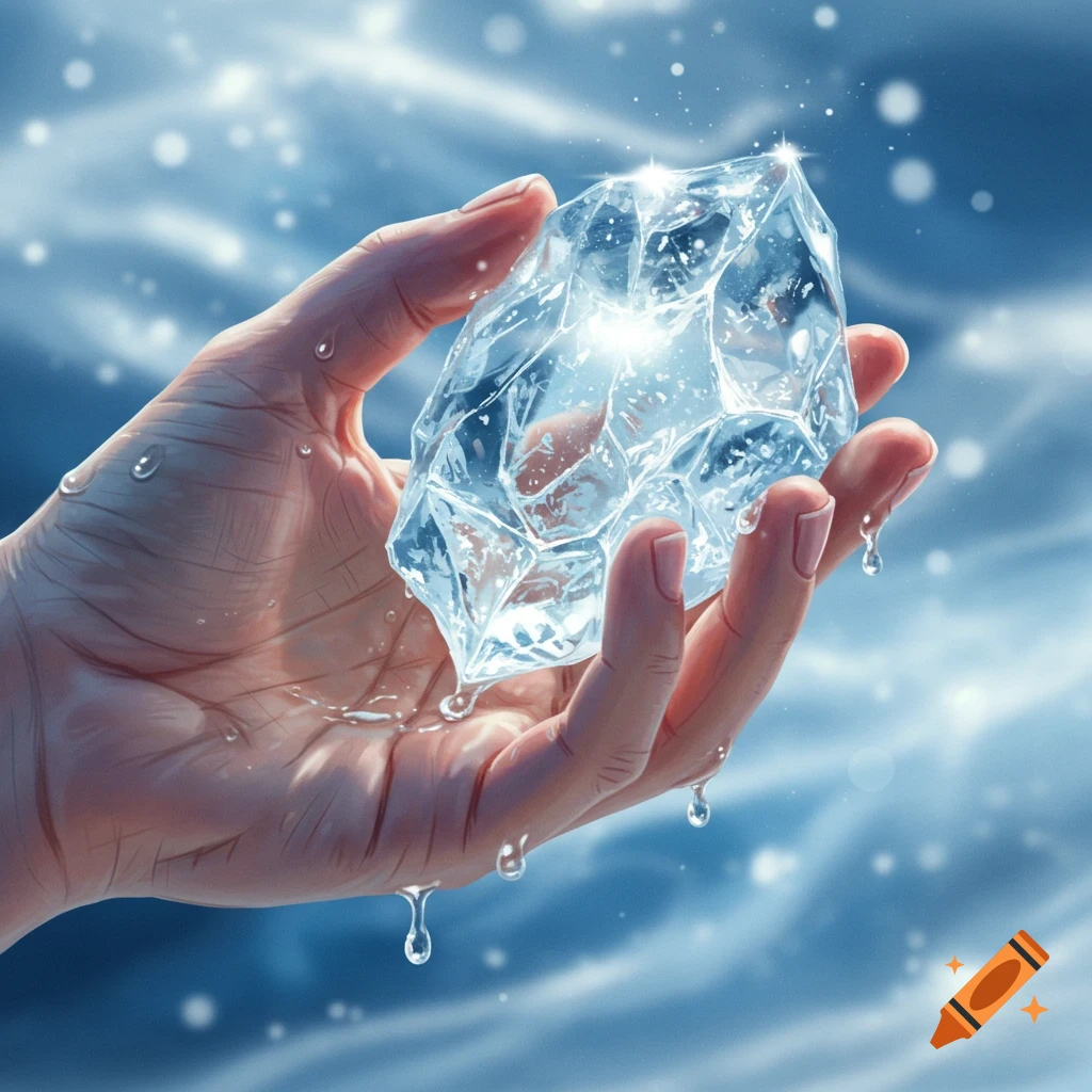 A close-up, photorealistic image of a hand gently holding a large, sparkling chunk of melting ice, with water droplets falling from it, against a soft blue background.