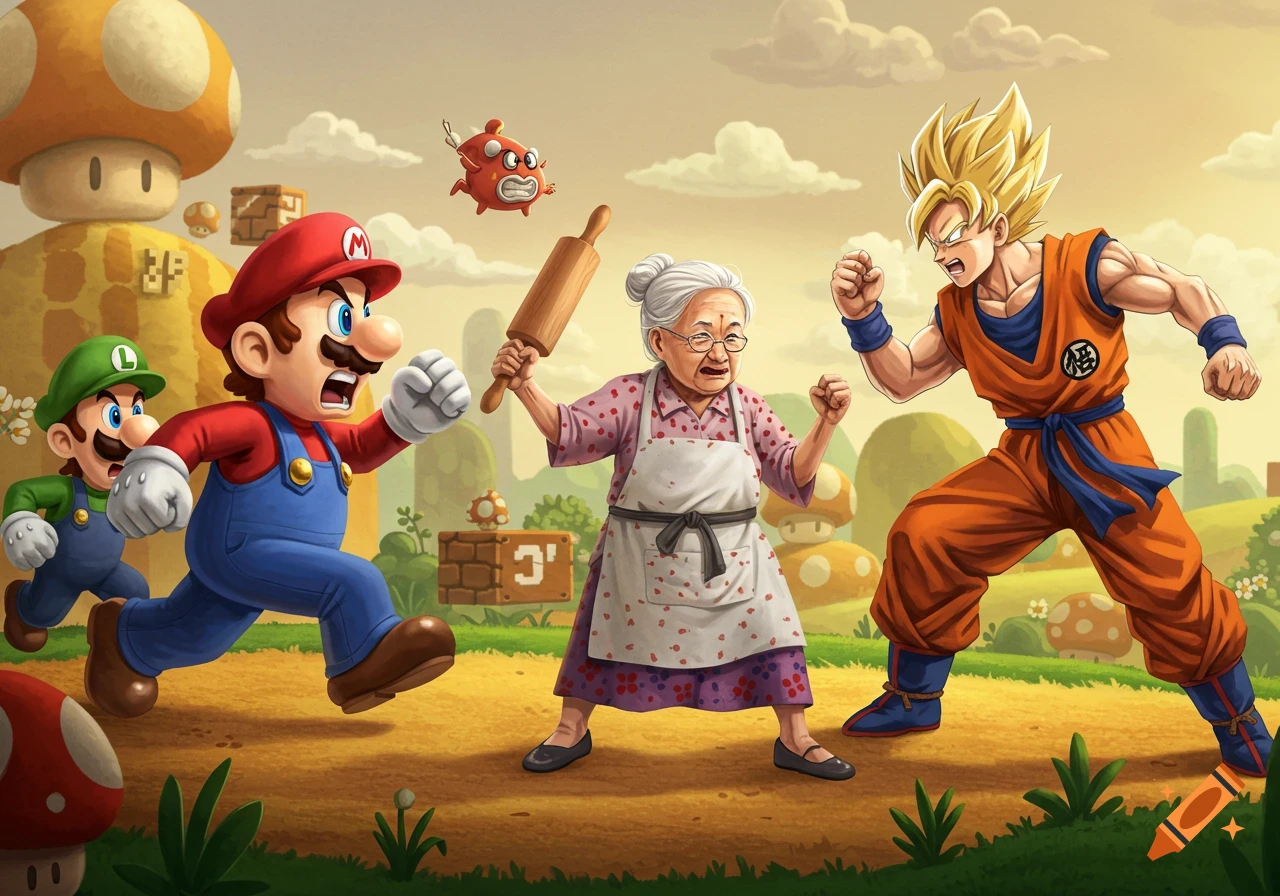 Mario and Luigi run from an old woman with a rolling pin, while Super Saiyan Goku defends her in a cartoon-style crossover scene.
