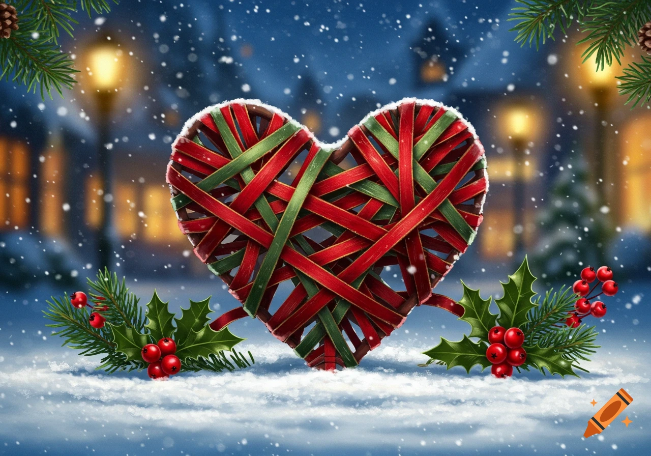 A festive heart woven with red and green ribbons, covered in snow, surrounded by holly and pine branches on snowy ground with blurry lights in the background.