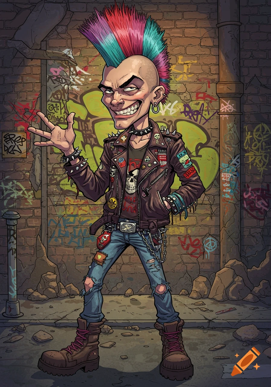A cartoon punk character with a colorful mohawk and a studded leather jacket stands in front of a graffiti-covered brick wall.
