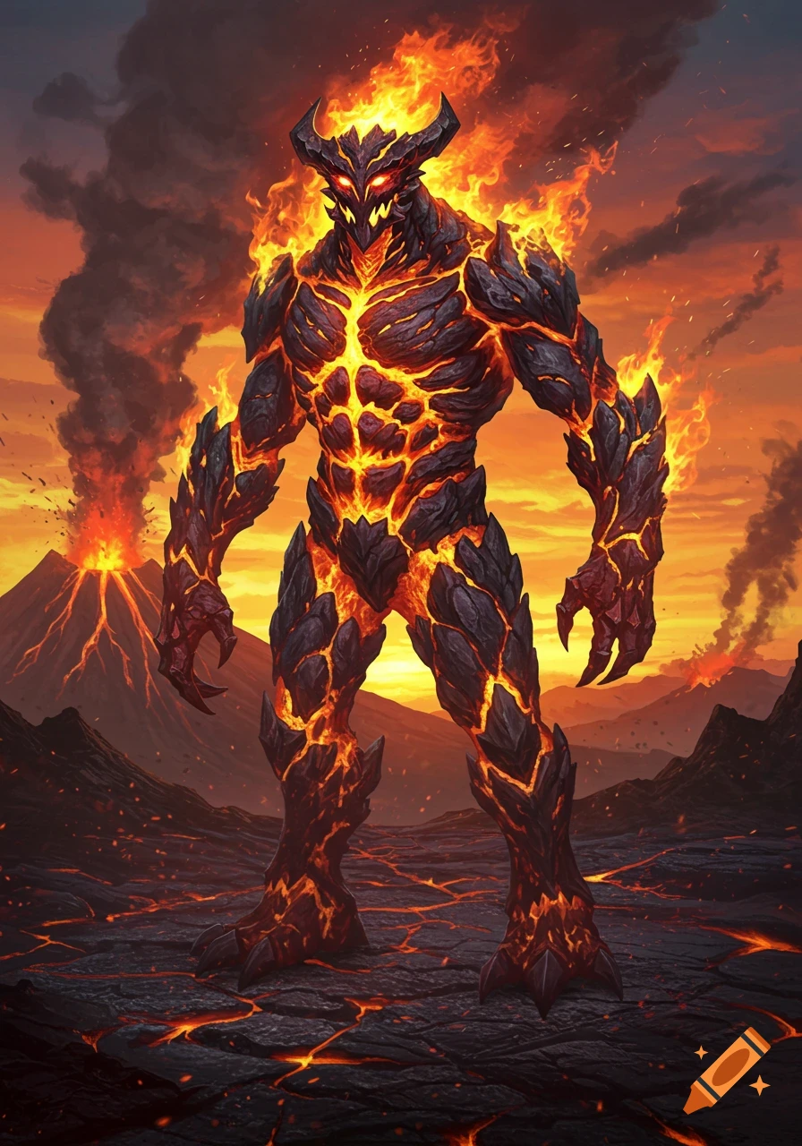 A fierce, horned lava demon covered in glowing cracks and flames stands in a volcanic wasteland with erupting volcanoes.
