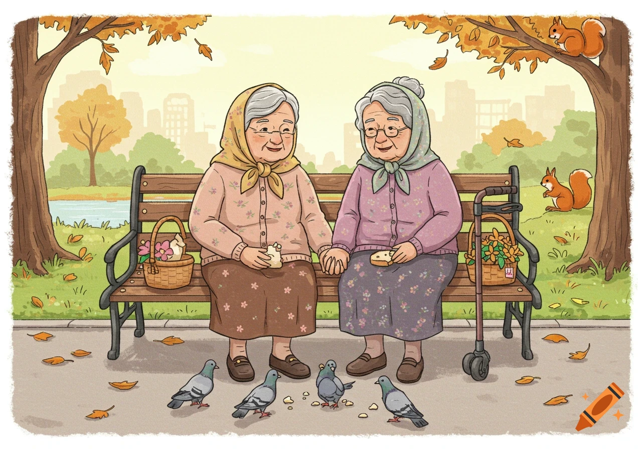 Clip-art illustration of two elderly women holding hands on a park bench, feeding pigeons amidst autumn leaves.